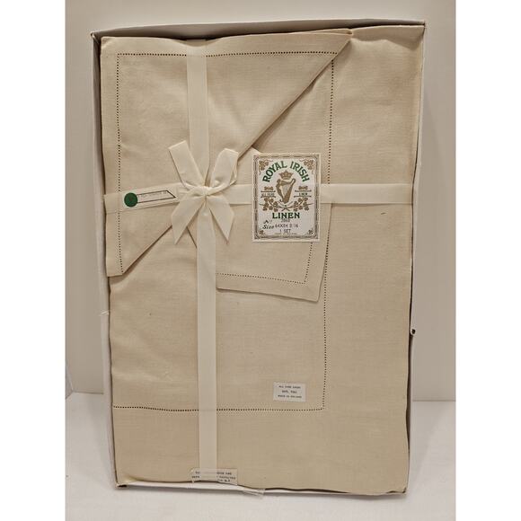Vintage Irish Linen 64x84 Banquet Tablecloth & 8 Matching Napkins Ivory In Box - Picture 2 of 9